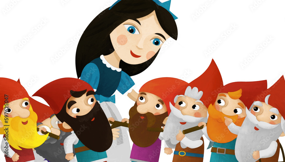 Naklejka premium cartoon scene with princess and dwarfs on white background illustration