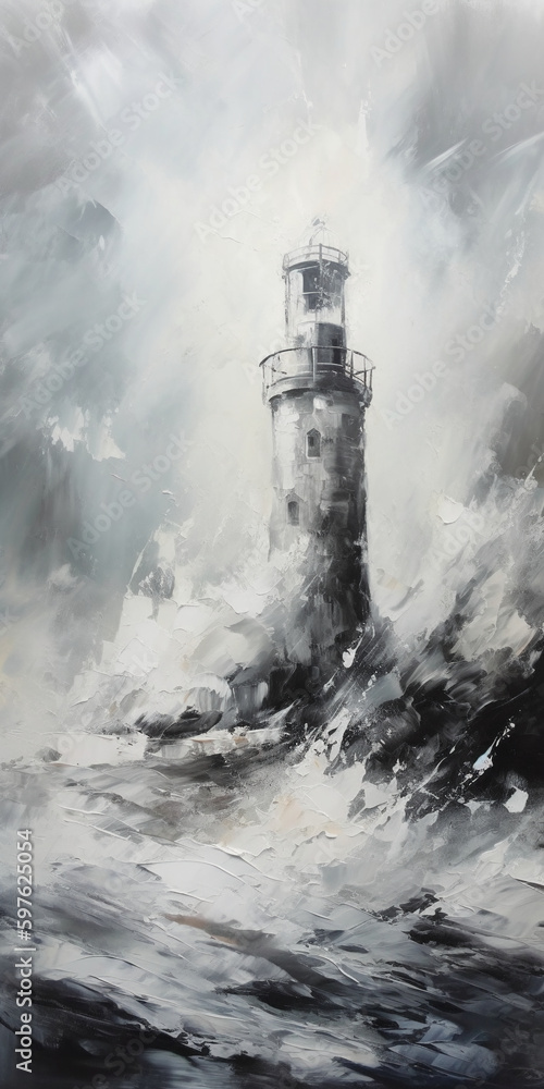 Massive Whitewater Smashes Into A White Lighthouse On A Foggy Day. AI generative