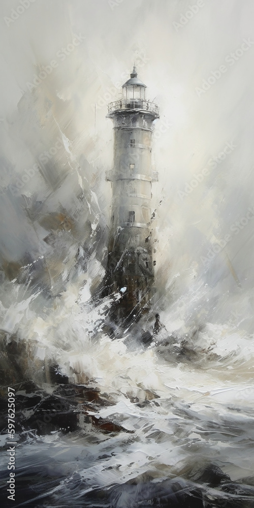 Massive Whitewater Smashes Into A White Lighthouse On A Foggy Day. AI generative