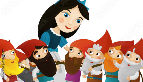 cartoon scene with princess and dwarfs on white background illustration