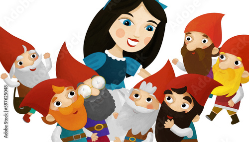 cartoon scene with princess and dwarfs on white background illustration