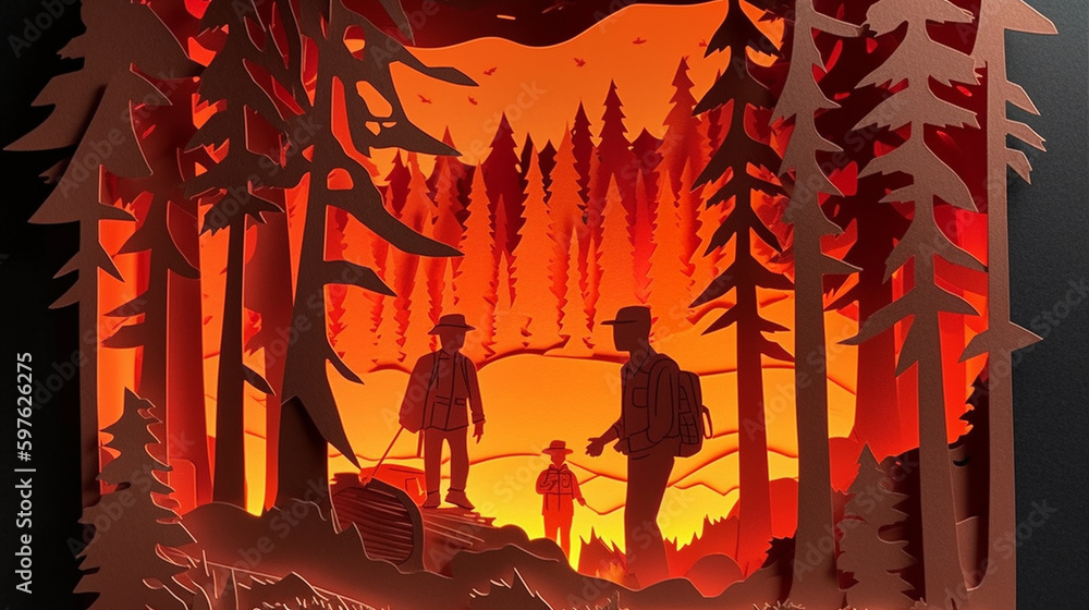 Naklejka premium Fathers and Sons - A Father and a Son Go Camping in Front of a Glowing Fire in Nature - Fathers Day Theme in 3D Paper Cutout Style - Generative AI