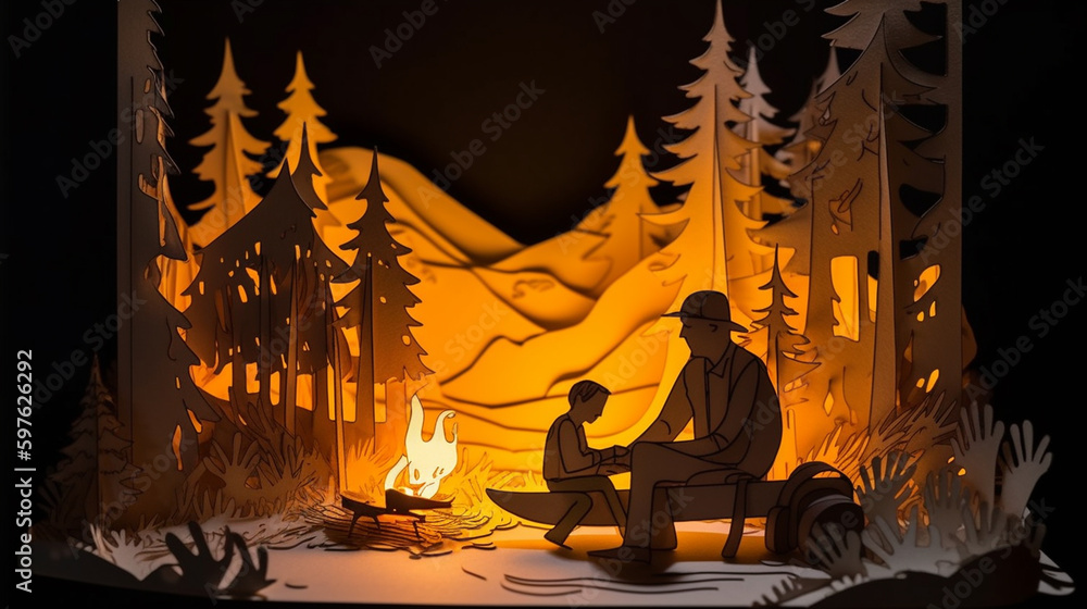 Fathers and Sons - A Father and a Son Go Camping in Front of a Glowing Fire in Nature - Fathers Day Theme in 3D Paper Cutout Style - Generative AI