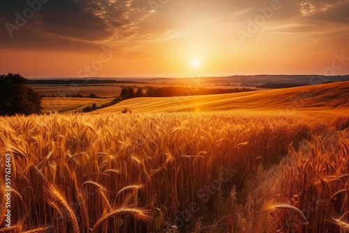 Beautiful colorful natural panoramic landscape with a field of ripe wheat in the rays of setting sun. Natural sunset in golden and pink colors. AI generative © SANGHYUN