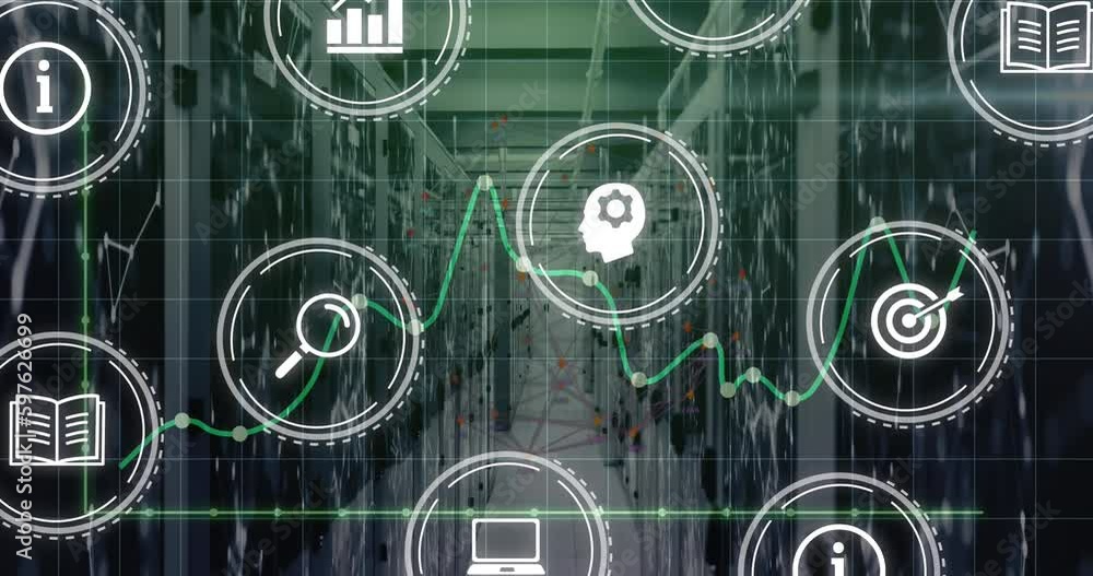 Animation of icons and financial data processing over grid and computer servers Animation of icons and financial data processing over grid and computer servers