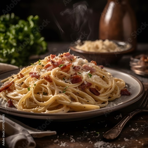 A Classic and Indulgent Plate of Spaghetti Carbonara with Bacon and Parmesan Cheese