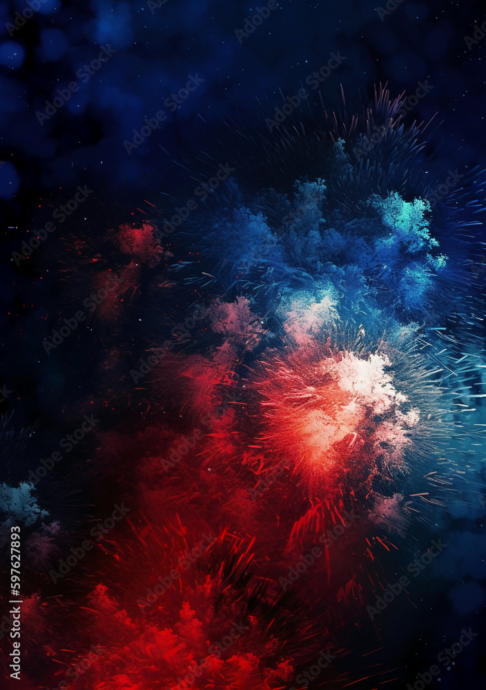 Blue, red, white, firework, Independence Day Abstract Poster background, copyspace. AI generative