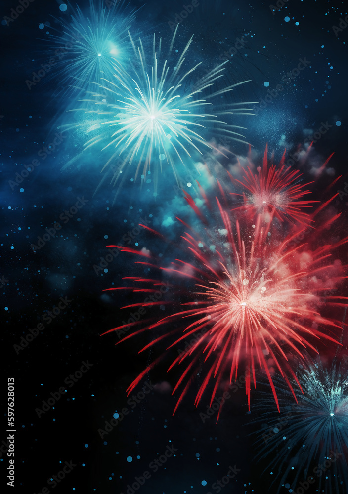 Blue, red, white, firework, Independence Day Abstract Poster background, copyspace. AI generative