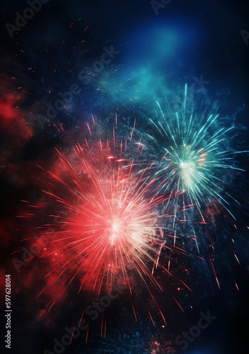Blue, red, white, firework, Independence Day Abstract Poster background, copyspace. AI generative © SANGHYUN