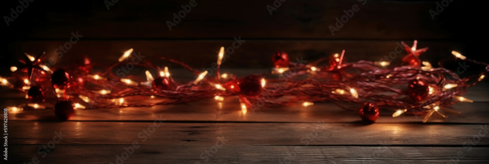 Christmas background with blue light luminous garlands and red stars on a white wooden background with copy space. AI generative