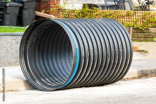 Photography storm sewer pipe gasket (large HDPE plastic N-12 WT pipe joint assembly) sitting