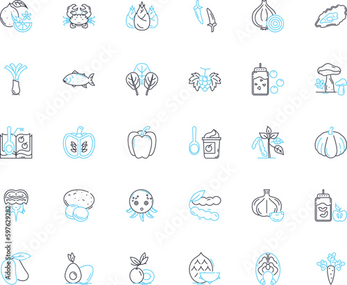 Healthy sustenance linear icons set. Nourishment, Wholesome, Nutritious, Balanced, Clean, Organic, Fresh line vector and concept signs. Local,Sustainable,Gluten-free outline Generative AI