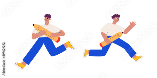 Set of men running and holding a pencil. Vector flat illustration on isolated background. Young student characters
