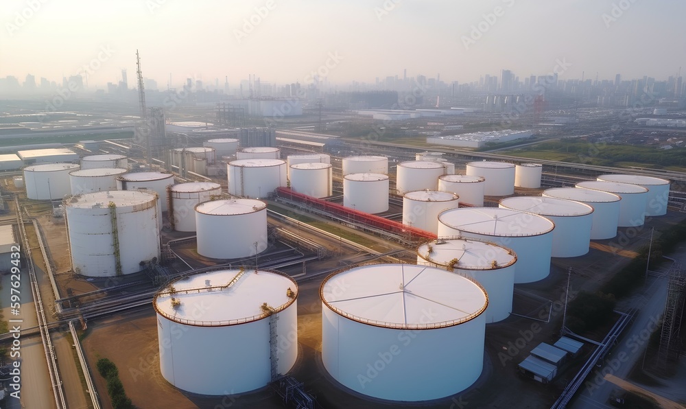 Oil refinery plant from industry zone, aerial view oil storage tank and ...