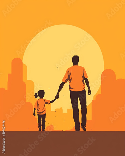 Father and Child Holding Hands as they Walk Together - Pop Art Orange Color Tone Fathers Day Vector Theme - Generative AI © AnArtificialWonder
