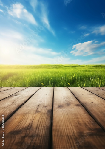 Spring summer beautiful background with green juicy young grass and empty wooden table in nature outdoor. Natural template landscape with blue sky and sun. AI generative