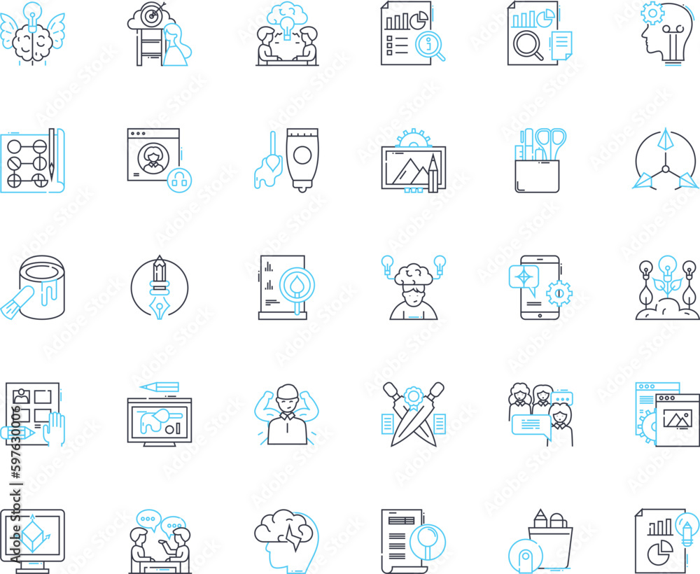 Inventive strategy linear icons set. Innovation, Creativity, Ingenuity, Resourcefulness, Vision, Problem-solving, Entrepreneurship line vector and concept signs. Generative AI Inventive strategy linear icons set. Innovation, Creativity, Ingenuity, Resourcefulness, Vision, Problem-solving, Entrepreneurship line vector and concept signs. Generative AI