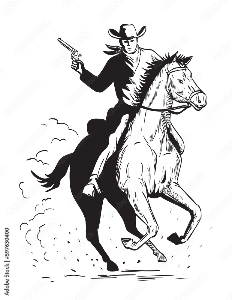 Comics style drawing or illustration of a cowboy with pistol riding a galloping horse viewed from the front on isolated background in black and white retro style. Comics style drawing or illustration of a cowboy with pistol riding a galloping horse viewed from the front on isolated background in black and white retro style.