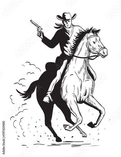 Comics style drawing or illustration of a cowboy with pistol riding a galloping horse viewed from the front on isolated background in black and white retro style.