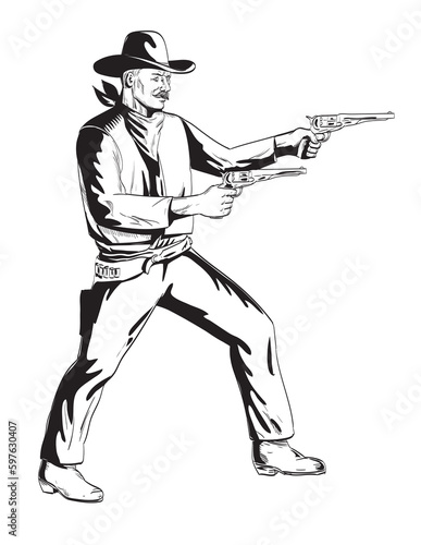Comics style drawing or illustration of a cowboy with two pistol revolver aiming viewed from the side on isolated background in black and white retro style.