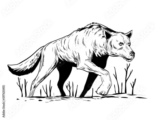 Comics style drawing or illustration of a wolf or wild dog stalking during winter viewed from low angle on isolated background in black and white retro style.
