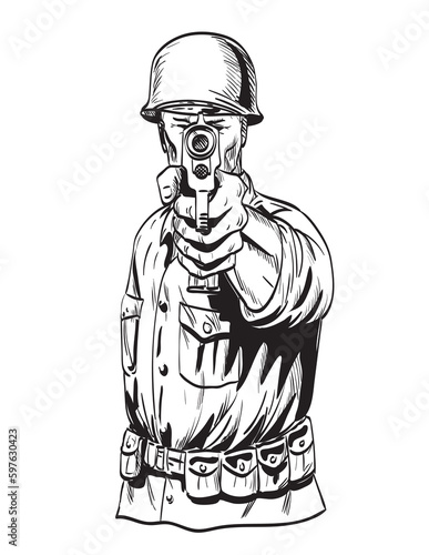 Comics style drawing or illustration of a World War Two American GI soldier aiming pistol viewed from front on isolated background in black and white retro style.