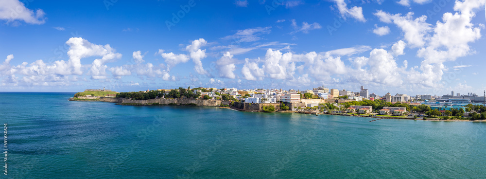 Scenic views of Castillo San Felipe from luxury cruise ship on Caribbean vacation in Puerto Rico.