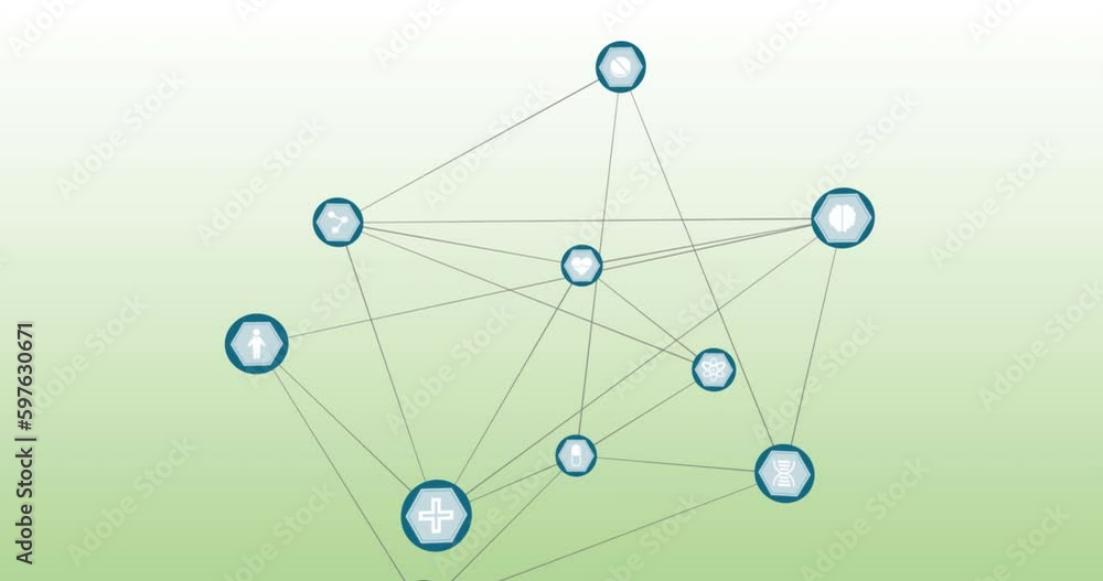 Animation of network of digital icons against green gradient background Animation of network of digital icons against green gradient background