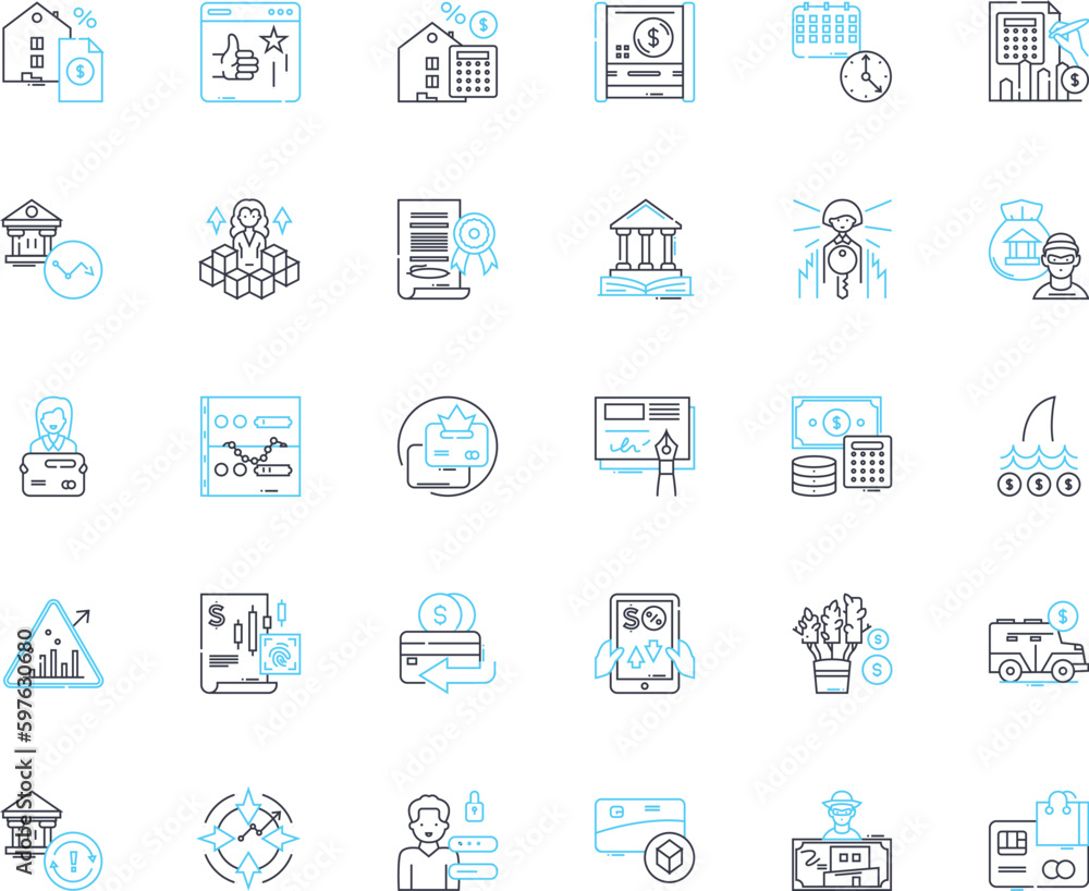 Financial responsibility linear icons set. Thrift, Frugality, Budgeting, Saving, Investing, Planning, Discipline line vector and concept signs. Dedication,Accountability,Sustainability Generative AI