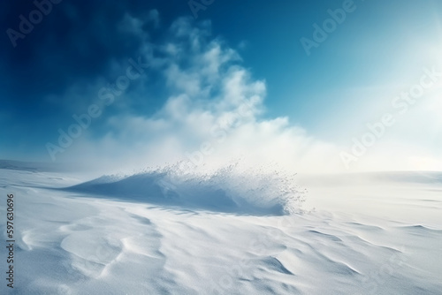 Winter snow background with snowdrifts, beautiful light and falling flakes of snow on blue sky, drifting snow. AI generative © SANGHYUN