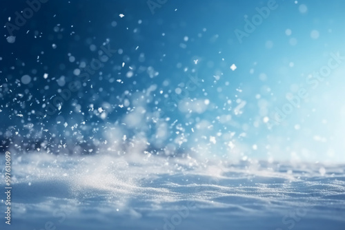 Winter snow background with snowdrifts, beautiful light and falling flakes of snow on blue sky, drifting snow. AI generative