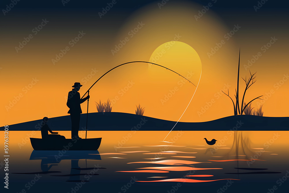 Simplified Vector Art Graphic Illustration - Fishing on a Lake (Generative AI)