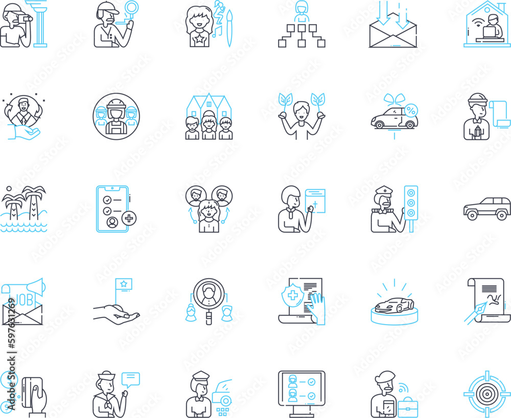 Employment strategy linear icons set. Recruitment, Retention, Talent, Culture, Succession, Diversity, Inclusion line vector and concept signs. Innovation,Engagement,Performance outline Generative AI Employment strategy linear icons set. Recruitment, Retention, Talent, Culture, Succession, Diversity, Inclusion line vector and concept signs. Innovation,Engagement,Performance outline Generative AI