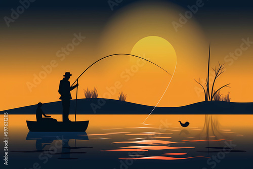 Simplified Vector Art Graphic Illustration - Fishing on a Lake (Generative AI)