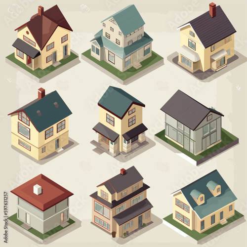 Houses isometric set vector illustration isolated