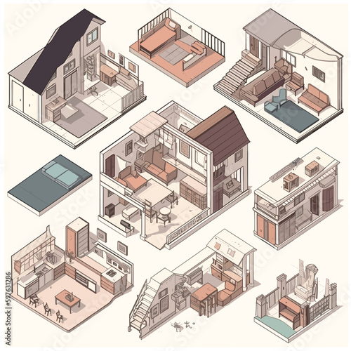 Houses isometric set vector illustration isolated