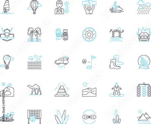 Exciting voyage linear icons set. Adventure, Thrill, Expedition, Journey, Odyssey, Escapade, Explore line vector and concept signs. Discovery,Quest,Safari outline illustrations Generative AI