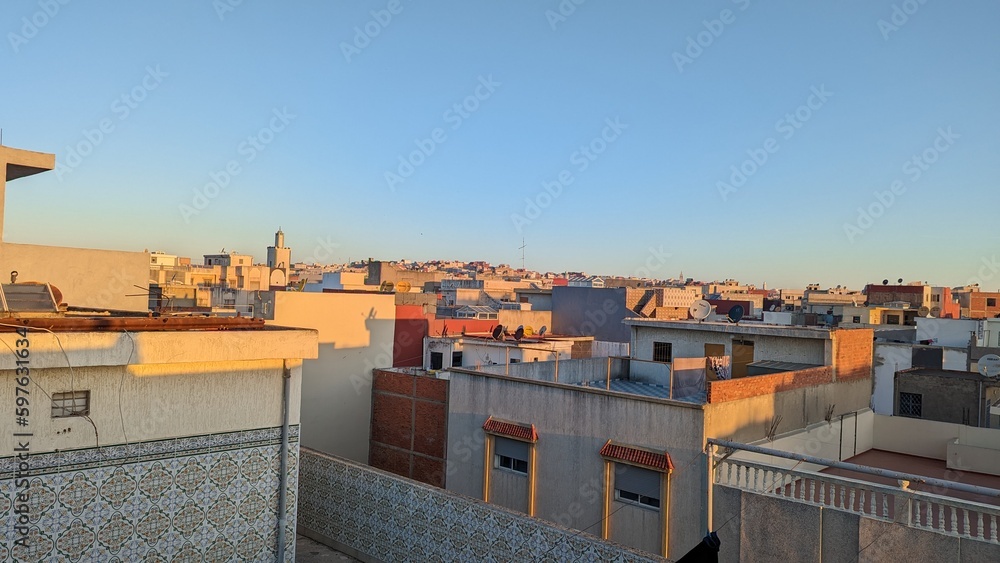 Skyline of the city of Tangier with urban skyscrapers at sunrise, Morocco.