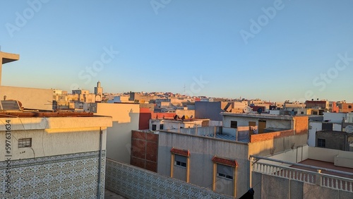 Skyline of the city of Tangier with urban skyscrapers at sunrise, Morocco.