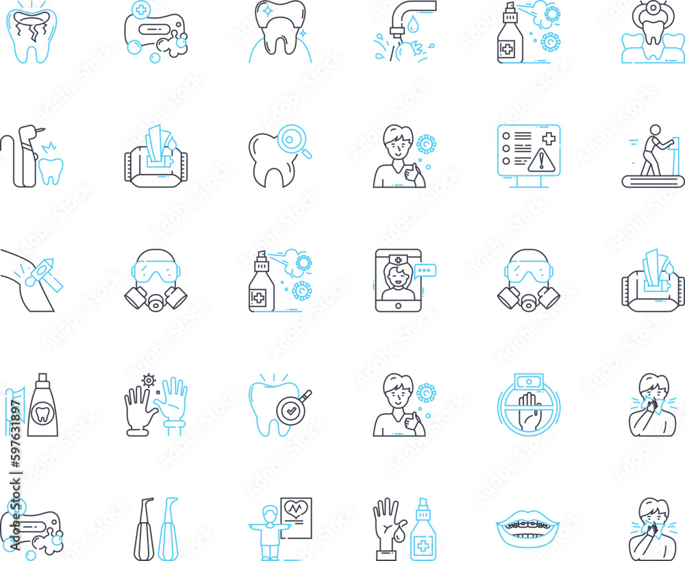 Dental hygiene linear icons set. Teeth, Gums, Plaque, Flossing, Brushing, Tartar, Cavity line vector and concept signs. Fluoride,Mouthwash,Halitosis outline illustrations Generative AI