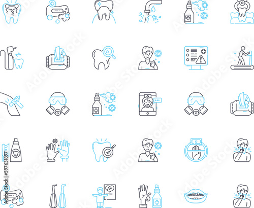 Dental hygiene linear icons set. Teeth  Gums  Plaque  Flossing  Brushing  Tartar  Cavity line vector and concept signs. Fluoride Mouthwash Halitosis outline illustrations Generative AI