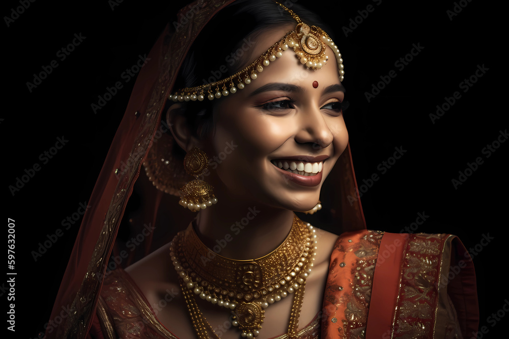 portrait of an Indian woman in wedding dress, Indian attire, happy occasion. Generative AI