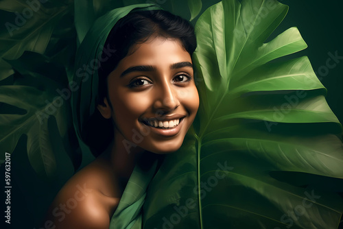 Indian girl behind green leaves, happy, smiling and confident. Generative AI