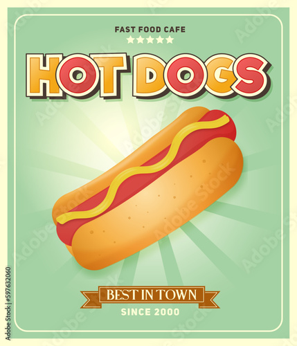 Flyer, poster hot dog. Fast food cafe. Vintage style