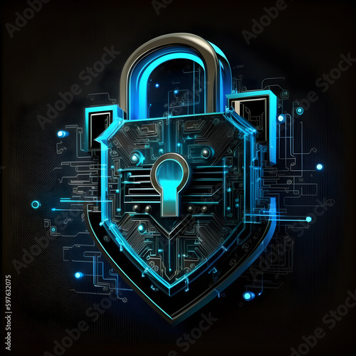 Security digital lock in blue and black background, IT safety and industrial 