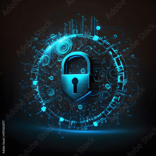 Security digital lock, industry and IT lock symbol on blue mesh and black background