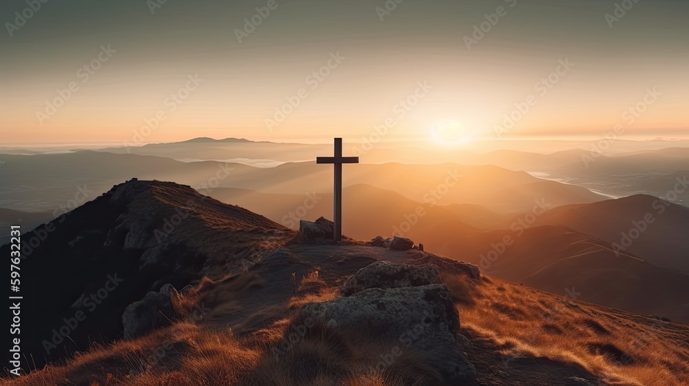 The cross with the sun behind, mountain landscape. Generative AI The cross with the sun behind, mountain landscape. Generative AI