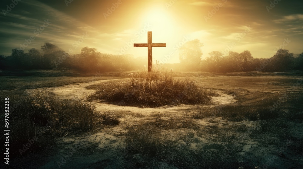 The cross with the sun behind, mountain landscape. Generative AI The cross with the sun behind, mountain landscape. Generative AI