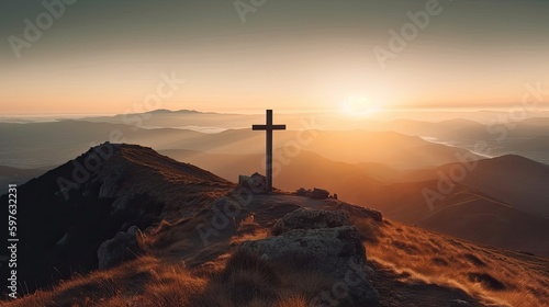 The cross with the sun behind, mountain landscape. Generative AI