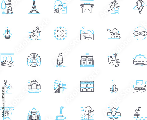 Expedition linear icons set. Adventure, Exploration, Journey, Trek, Quest, Safari, Roaming line vector and concept signs. Questing,Odyssey,Pilgrimage outline illustrations Generative AI